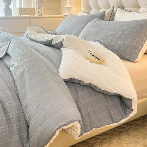 Image of tohrisa Boho Comforter Set King Size Striped Pleats Bohemian Seersucker Bedding Set All Season Soft Cozy 3 Pieces Quilt with 2 Pillowcases(104 inchX90 inch Grey)