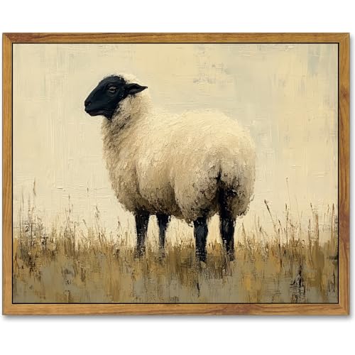 AtterrirArt Framed Vintage Sheep Wall Art, Rustic Farmhouse Canvas Print Poster, Country Animal Artwork for Bedroom Living Room Decor, Ready to Hang, 12x16 Inch