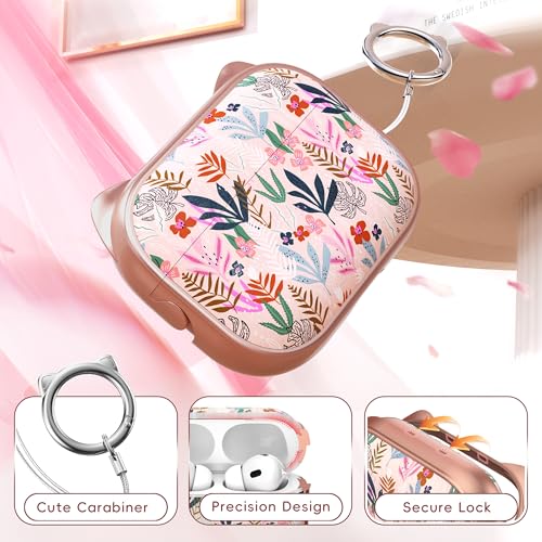 Image of for AirPods Pro 2 Case with Cleaning Kit, Cute Cat Ear Print Design & Cute Buckle for Girls, Phone Holder & Top Safe Lock Buckle Design for AirPods Pro 2nd /1st Gen case, Rose Gold Leaves