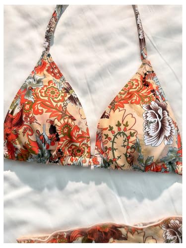 Floerns Girl's 3 Piece Swimsuit Floral Halter Backless High Waist Bikini Set with Beach Skirt4