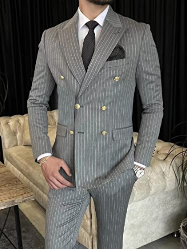 Mens Pinstripe Suit Slim Fit 2 Piece Double Breasted Wedding Halloween Christmas Prom Gold Button Blazer and Pants3