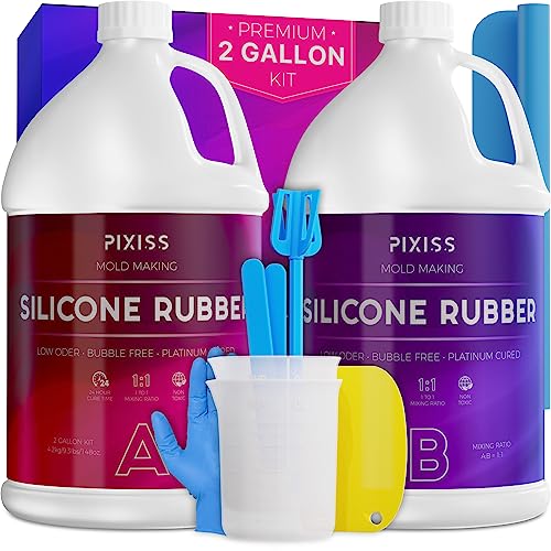 Pixiss Silicone Mold Making Kit (2 Gallon) Liquid Rubber Bubble Free Translucent Clear Silicone-Mixing Ratio 1:1-Molding for Resin Molds, Molds DIY (8.4kg/296oz Kit)