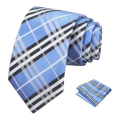 PenSee Men's Light Blue Tie Set Stripe Plaid Ties for Men and Pocket Square Formal 3.15"(8CM) Necktie Wedding Business Cover