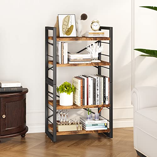 Homeiju Bookshelf, 4 Tier Stackable Bookcase, Adjustable Industrial Book Shelf Storage Organizer For Desktop, Living Room, Bedroom, Office(Rustic Black And Brown) #TOP5