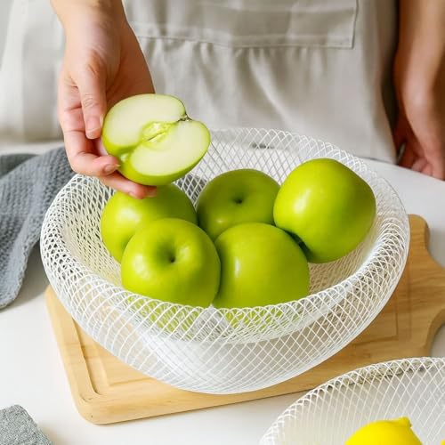 Image of Go Hooked Double-Layer Metal Mesh Fruit Bowl -12 Inch Durable & Stylish Iron Wire Basket, Keeps Fruits Fresh & Insect-Free, Perfect for Display Table, Dining Table, Room Desk Storage Basket - White