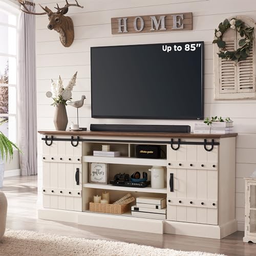 OKD-75-Farmhouse-TV-Stand-for-TVs-Up-to-85-Inches-Large-Rustic-Entertainment-Center-with-Sliding-Barn-Door-Tall-Highboy-Media-Console-Table-with-Storage-Cabinet-for-Living-Room-Antique-White OKD 75 Farmhouse TV Stand for TVs Up to 85 Inches Large Rustic Entertainment Center with Sliding Barn Door Tall Highboy Media Console Table with Storage Cabinet for Living Room Antique White