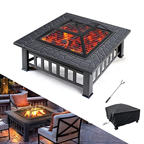 Todeco Brasero Exterieur pour Jardin, Terrasses BBQ pour Fête et Foyer, 3 en 1 Ménager Barbecue Poêle Chauffant avec Couvercle, Grille de Protection