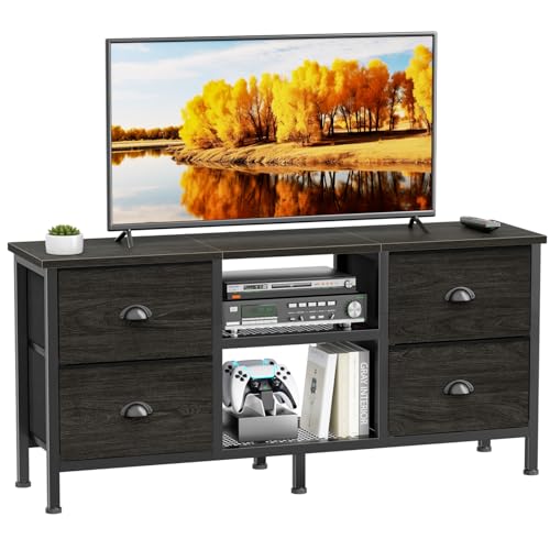 Furologee TV Stand with 4 Drawers, 43 inch Entertainment Center with Open Shelves, Media Center for 50″ TV, Television Stand for Bedroom, Living Room/Light Black Oak