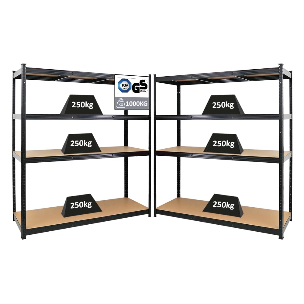 PROREGAL Mega Deal | 2X Étagère pour Charges Lourdes Taurus XL | HxLxP 180x160x60cm | Charge par Plateau 250kg | Noir | étagère de Cave, étagère enfichable, étagère de Garage
