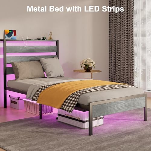 Image of J.Fkne Twin Bed Frame with LED Lights & Charging Station, Metal Platform Bed with Headboard, Heavy Duty Metal Slats, No Box Spring Needed, Noise Free, Easy Assembly