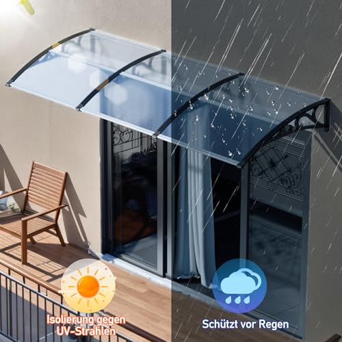 Sonnewelt Vordach für Haustür 100 x 300 cm, Überdachung aus 5 mm Polycarbonat und ABS, Transparentes Pultbogenvordach, Pultvordach mit UV-Schutz für draußen, Regenschutz
