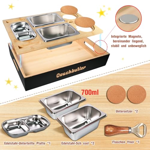 Couchbar Snackbox, Couch Tablett mit Geschenkbox, Couch Butler, Sofa Tablett mit 2 Snackschalen, Getränkehalter, Snackbar Organizer mit Flaschenöffner, Abnehmbarer Deckel für Wohnzimmer Garten Camping