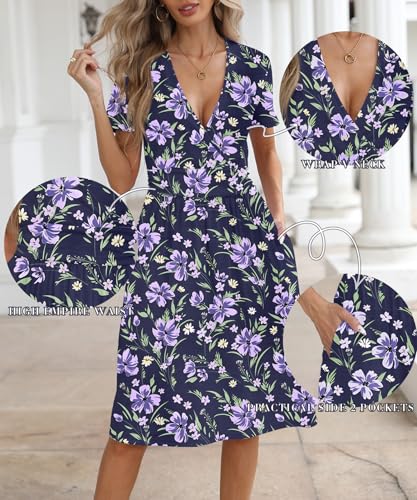 Image of NILOUFO Women's Summer Short Sleeve Casual Dress Wrap V Neck Party Midi Dresses with Pockets