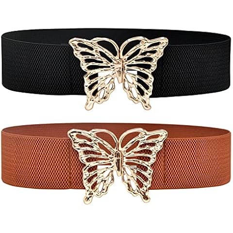 DUOXIN 2 Pieces Women Stretchy Belt, Lady Wide Elastic Waist Belts Fashion Cinch Waistband Belts with Butterfly Metal Buckle for Dresses, Shirt, Coat (Black/Brown) Cover