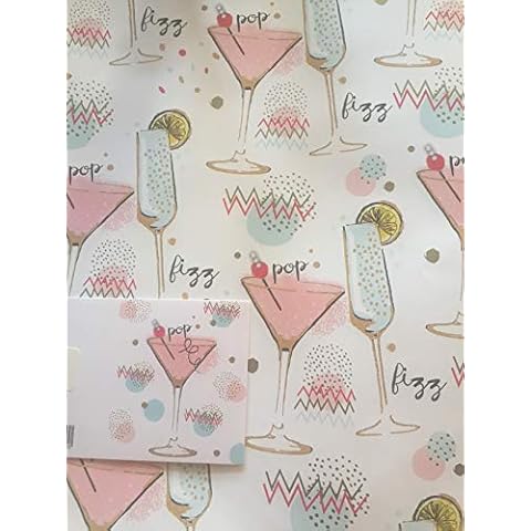 Female/Ladies Pop Fizz Cocktail Glasses Gift Wrapping Paper+Gift Tag Birthday 2 Sheets Wrapping Paper+1 Gift Tag (BGC34645-4) Cover