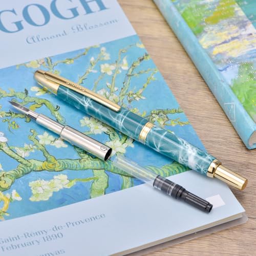 Image of Wikult Jinhao 10 Press Fountain Pen with Box, Marble Blue Retractable Fine Nib with Ink Converte Set (Golden Clip)