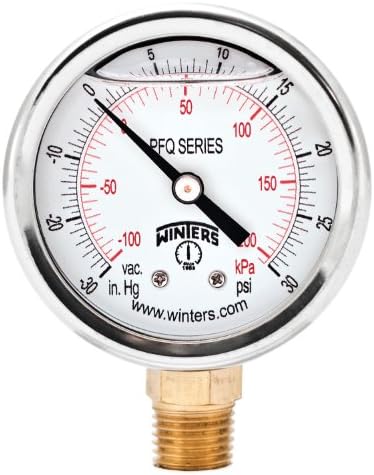 Winters 2-1/2" Dial Size, Liquid Filled Industrial Pressure Gauge, Brass Internals, 304 Stainless Steel Case, Dual Scale 30" Hg-0-30 psi/kPa, 1.5% Acc, 1/4" NPT Bottom Mount, Pressure and Vacuum Gauge