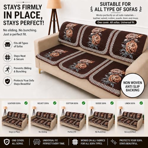 Image of Homerz 'Brooklyn Series' Premium Sofa Cover | Quilted Floral Design | Non-Slip Washable Sofa Protector | Soft Anti Slip Fabric (Ny Brown, 6 (3+2+1) Seater, Seat Cover with Backrest)