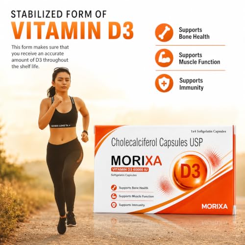 Image of MORIXA D3 Capsule 60000 IU Vitamin D3 Cholecalciferol Softgel Capsules, Pack of 5 Strips (20 Capsules)