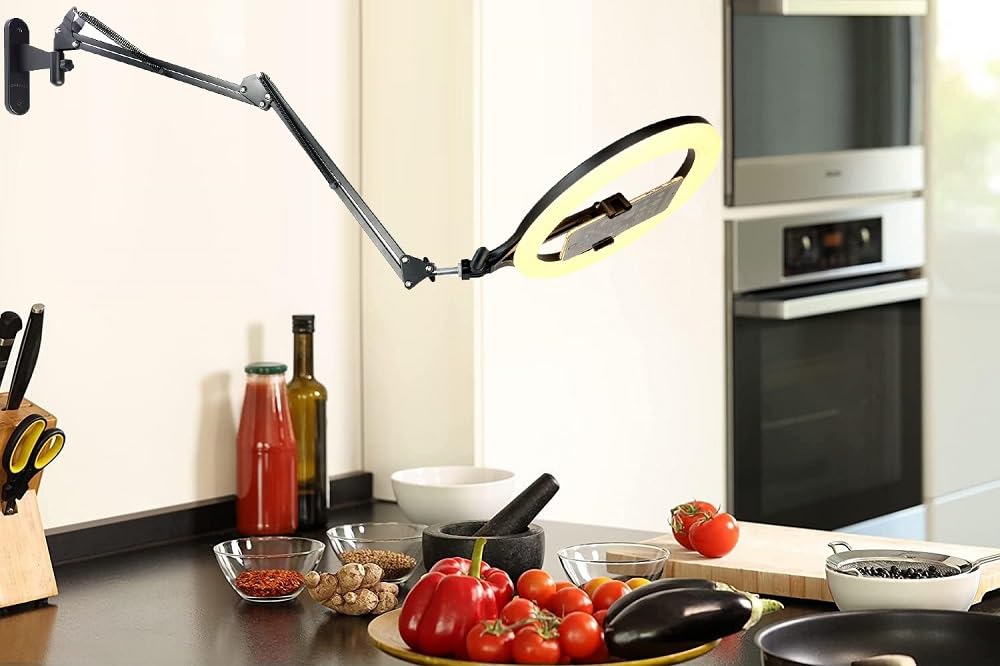 Supporto per telefono da parete con luce ad anello, 28 cm, luce per selfie con braccio a parete compatibile con Samsung e iPhone 16 15 14 13 12 11 Xr Xs X pro max