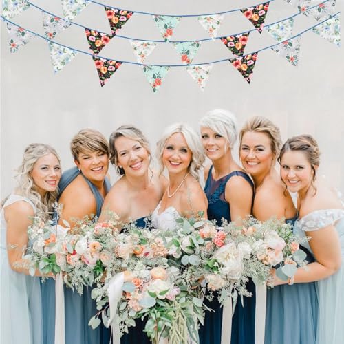 Image of Zwiebeco 32Ft Vintage Floral Fabric Bunting Triangle Flags Cotton Retro Flowers Pennant Banner Party Decorations for Birthday Wedding Engagement Baby Shower Spring Rustic Village Home Garden Decor