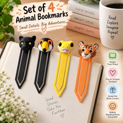 Image of 4 Pack Sanchi Homes Animal Bookmarks Set, Panther, Toucan, Snake, Tiger