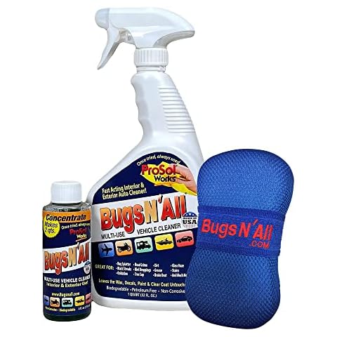 PROSOL WORKS Bugs N' All Multi Surface Cleaner Spray Concentrate 4 oz. w/Empty Cleaning Spray Bottle 32 oz. & Bug Sponge for Car Washing - Mutli-Vehicle Cleaning - Bug & Tar Remover for all Vehicles Cover