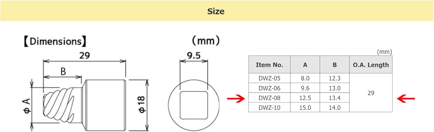 ENGINEER Screw extractor for hexagon socket screws (8 mm Allen screw) DWZ-08, 29mm length. Works with socket wrench handle. Made in Japan
