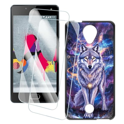 OAGELIM 2 Pack Protège-Écran + Coque Compatible avec Wiko U Feel (5 Pouce) Coque Impression Artistique Personnalisée et Film Verre Trempé (Loup 2)