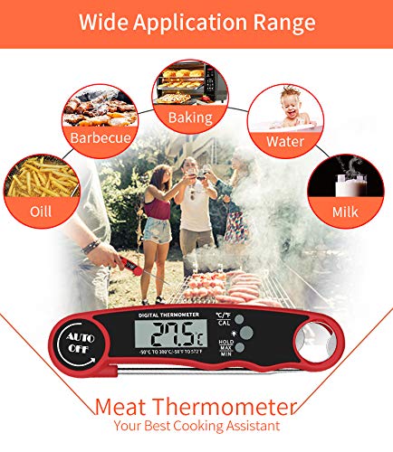 review Meat Thermometer, Rayyan Digital Food Thermometer with Backlight Screen & Auto On/Off, Waterproof Instant Read Cooking Thermometer for Kitchen Cooking, Milk, BBQ, Water, Meat (Red)