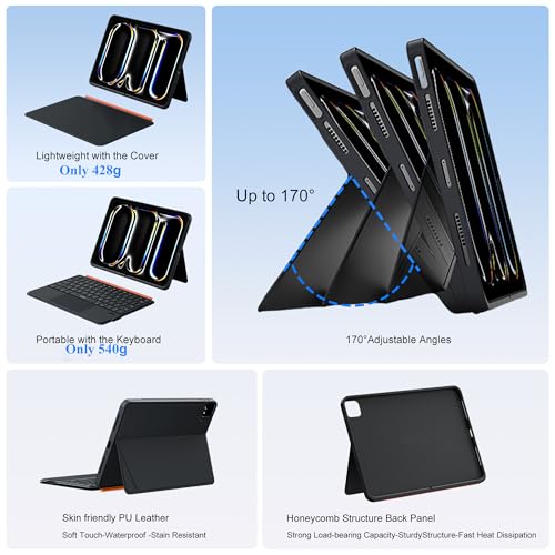 Image of WIWU iPad Pro 11 inch Case with Keyboard M4 /M5 2024 /2025 Magnetic Detachable 3 in 1 Case Bluetooth Keyboard Adjustable Stand 7 Colors Backlit Keys with Trackpad (Black, iPad Pro 11 inch(M4 /M5 2024 /2025))