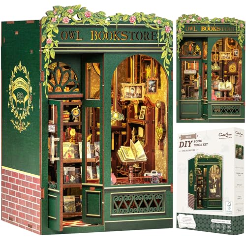 CUTEBEE Book Nook Kit   DIY Miniature House,Casa de muñecas en Miniatura,Kit de construcción con Cubierta Antipolvo y luz LED, Booknook Maquetas para Adultos para Construir(Owl Bookstore)