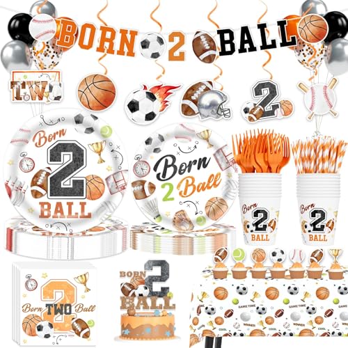Born Two Ball Birthday Decorations Sports Party Supplies Tableware Decor with Born 2 Ball Banner Plates Napkins Forks Cups Straws Tablecloths Orange Black & Metallic Silver Balloons Service 24