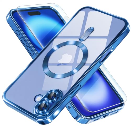 Image of Misea Magnetic for iPhone 16 Plus Case Compatible with MagSafe | [Never Yellowing] [Military Drop Protection] Full Camera Lens Protector Plating Soft Clear Phone Case for Women, Deep Blue