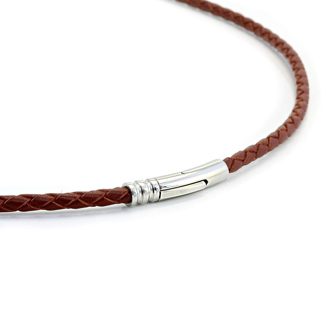 Mens Braided Leather Necklace with Stainless Steel Trigger Clasp-Genuine 4mm Leather & High-Grade Steel-Saddle Brown Cord