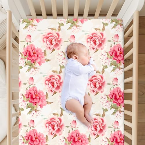 Image of Crib Sheets for Girls Boys, HNHUAMING Neutral Crib Sheet Fitted, Ultra Soft Baby Crib Sheets 52'' X 28'' inch Fits for Standard Crib & Toddler Mattress, Pink Peony Floral
