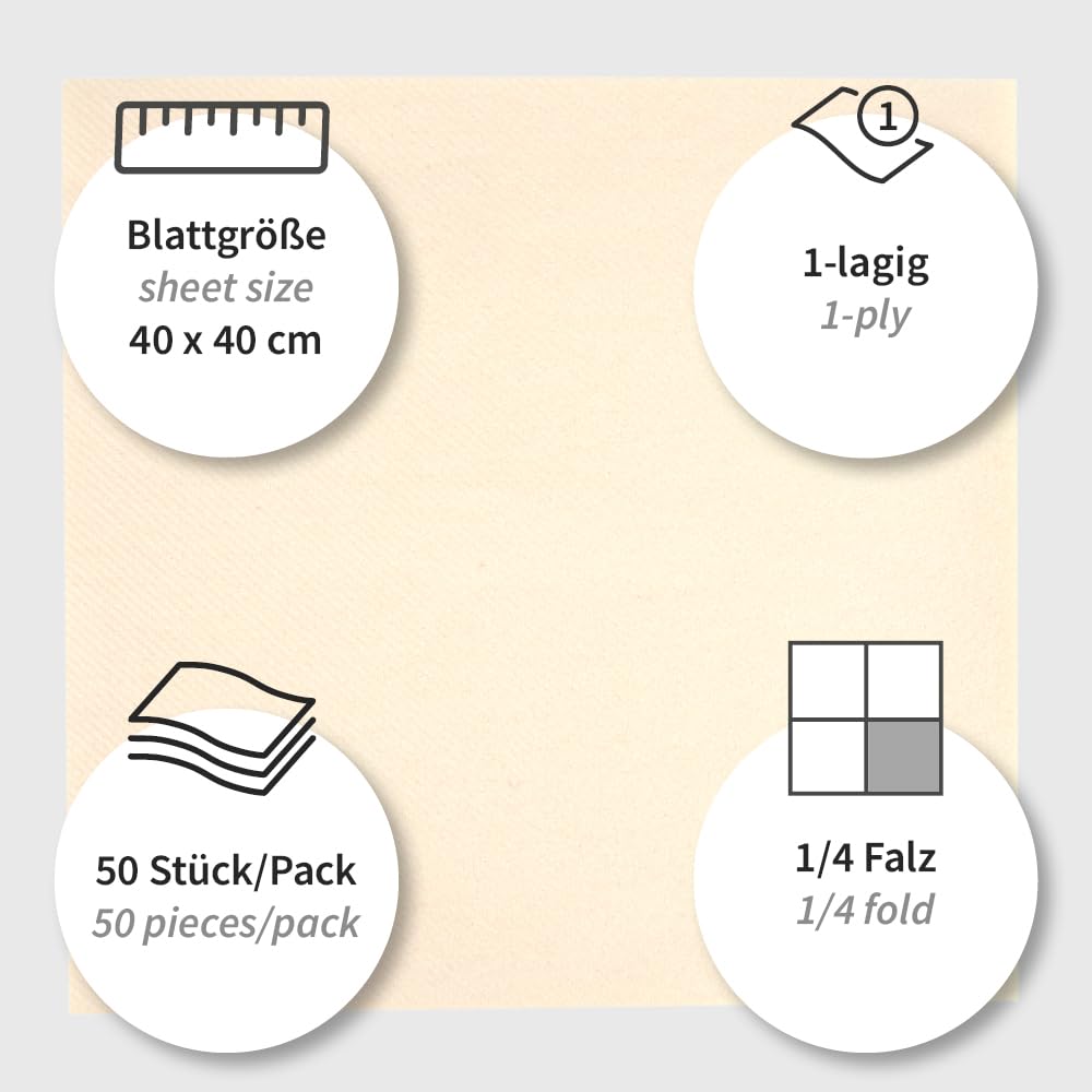 500 Stück Servietten Eleganza, 40 x 40 cm, 1-lagig, 1/4 Falz | Airlaid, FSC®-Mix, creme, L: 40cm, B: 40cm, Papierservietten, Servietten, Einweg-Servietten