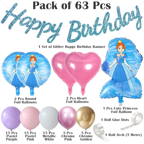 Image of Rozi Decoration Princess Birthday Balloon Decoration Kit, 63 Pieces, Pink Purple Gold Theme, Glitter Happy Birthday Banner, Foil Balloons, Pastel Balloons, 5 Meter Arch