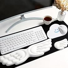 Angel Wing Wrist Rest Ergonomic Angel Wings Keyboard Wrist Rest with Mouse Hand Support and Cloud Mouse Pad Set, Pu Leather Surface, Non-Slip Base & Memory Foam for Office, Gaming, Work3Pcs, White