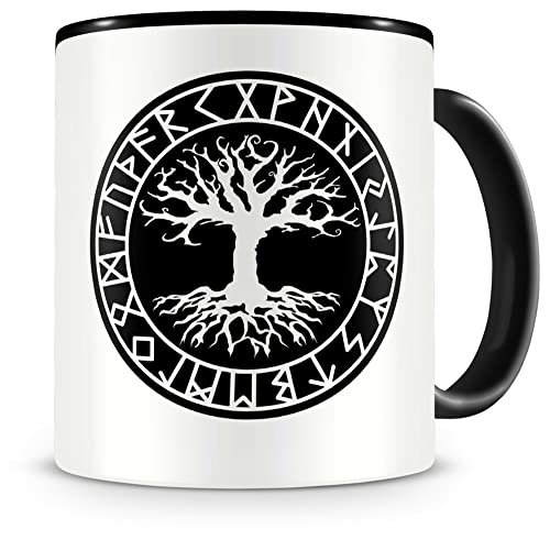 Samunshi® Yggdrasil mit Runen 2 Tazas de café y té Vikinger Germanen (300 ml Yggdrasil con runas 2 300 ml, negro/negro)
