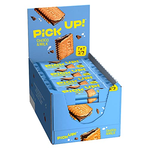 PiCK UP! Choco & Milk - Keksriegel - 24 Einzelpackungen mit Thekenaufsteller - 2 Butterkekse mit knackiger Vollmilchschokolade und Milchcreme (24 x 28 g)