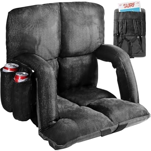 Wide Stadium Seats with Back Support, Bleacher Chairs with Comfy Cushion, 6 Reclining Positions, Portable Stadium Chair Bleacher Seat with Armrests for Outdoor Sport Events, Camping, Beaches (Black) Cover
