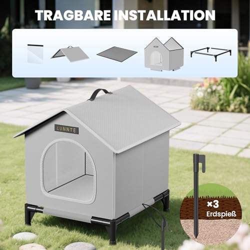 Outdoor Katzenhaus mit Erhöhten Design, Wasserdicht Katzenhaus für Draußen, Warm Hundehöhle mit Türvorhang, Waschbar Hundehaus Tierheim Für Streuner Haustiere (34x40x47cm, Grau)