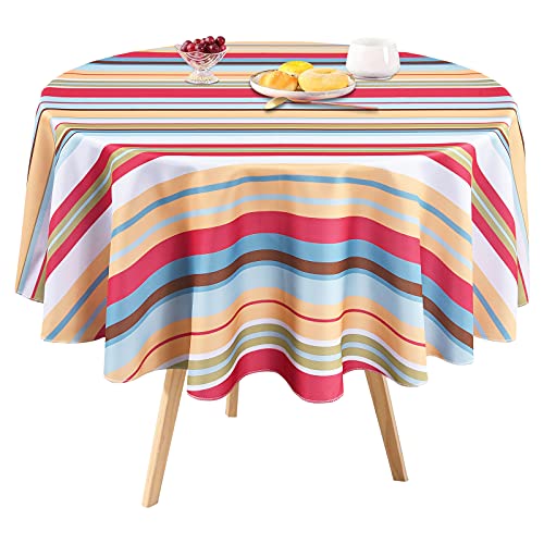 Gestreifte Tischdecke, Sommer-Tischdecke, Frühlings-wasserdicht, knitterfrei, Tischdecke für Outdoor, Picknick, Camping, Terrasse, Küche, Esszimmer, mehrfarbig, rund, 152,4 cm Cover