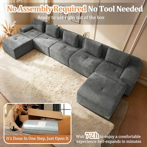 Image of 196 inch U Shaped Oversized Boneless Couch, Comfort Cloud Sectional Couches for Living Room, Modular Sofa High Back & Extra Deep Seat, No Assembly, Soft Chenille (Dark Grey, 196 inch-U shaped(5+2))