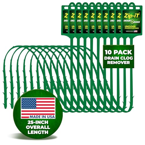 Image of Zip-it Hair Clog Remover, 25-inch Drain Unclogger Tool for Shower, Tub & Sink In Seconds - Reusable Snake D Hair Removal Tool, Flexible Snake Non-toxic - Green (10-Pack)