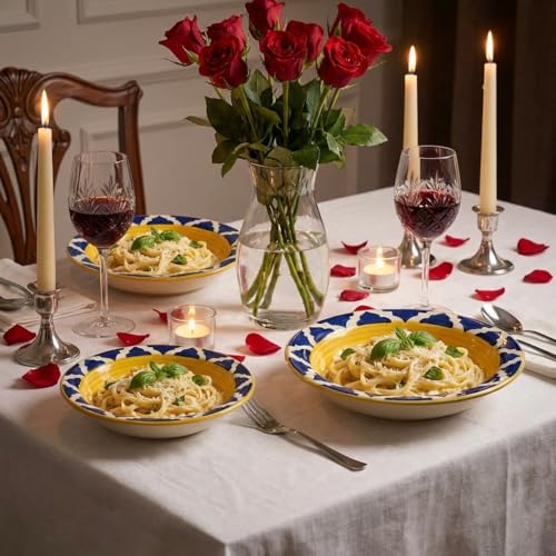 Image of Ceramic Pasta Bowls Set of 2 | 7 Inch Handmade Deep Soup Plates | Microwave Oven Safe Serving Bowls | Floral Hand-Painted Stoneware Salad Bowls (2, Yellow & Blue)