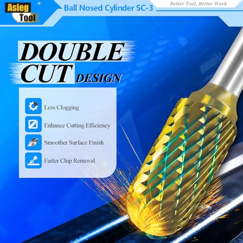 Image of SC-3 5pcs Tungsten Carbide Burr TiN Rotary File Cylindrical Ball Nose End Shape Double Cut for Die Grinder Drill Bits 1 /4'' Inch Shank and 3 /8'' Inch Diameter of Cutter 3 /4'' Inch Cutter Length
