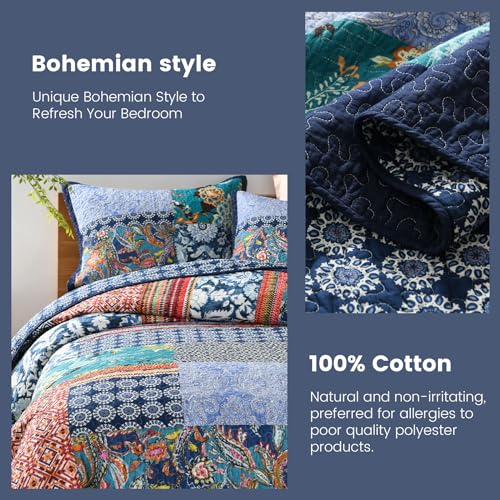 Secgo Queen Comforter Set for Bed - 100% Cotton Quilts Queen Size, Navy, Bohemia Bedspreads (90 * 98 Inch) with 2 Pillow Shams, Patchwork Reversible Lightweight Bedding