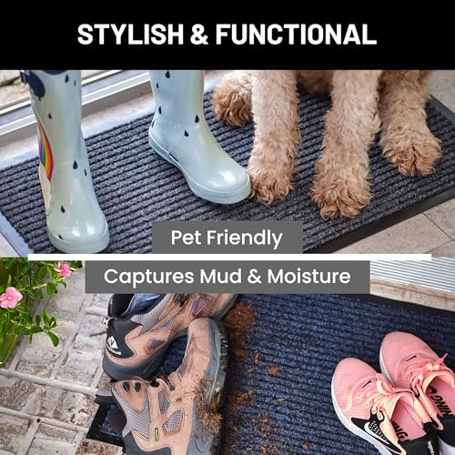Image of Sierra Concepts Front Door Mat Welcome Floor Mats - Entryway Indoor Outdoor Entrance Doormat, Patio, Porch, Muddy Shoe, Inside Outside Low Profile, Large 36x24 inches, 2-Pack Gray